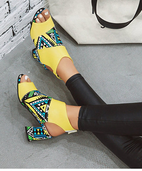 Geo Pattern Block Heel Sandals